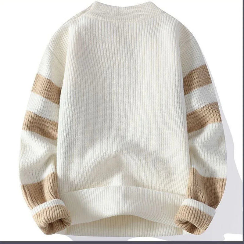 Autumn Winter New Men Sweater Mock Neck Patchwork Contrast Color Trend Youth Fashion Thicken Long Sleeve Pullovers Knitted Tops