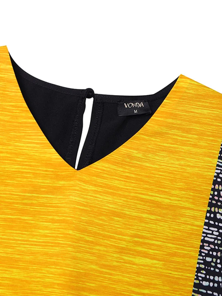 Plus Size 5XL VONDA 2025 Women Long Pant Sets Vintage Printed Patchwork Tops Trousers Suits and Wide Leg Pants Matching Sets