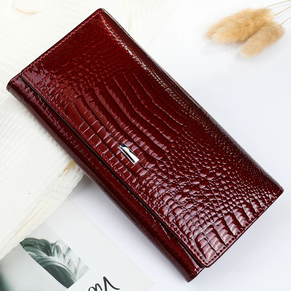Women's Genuine Leather Wallet - Vintage Crocodile Pattern with Top Handle Buckle Closure, Flap Design, Birthday Gift