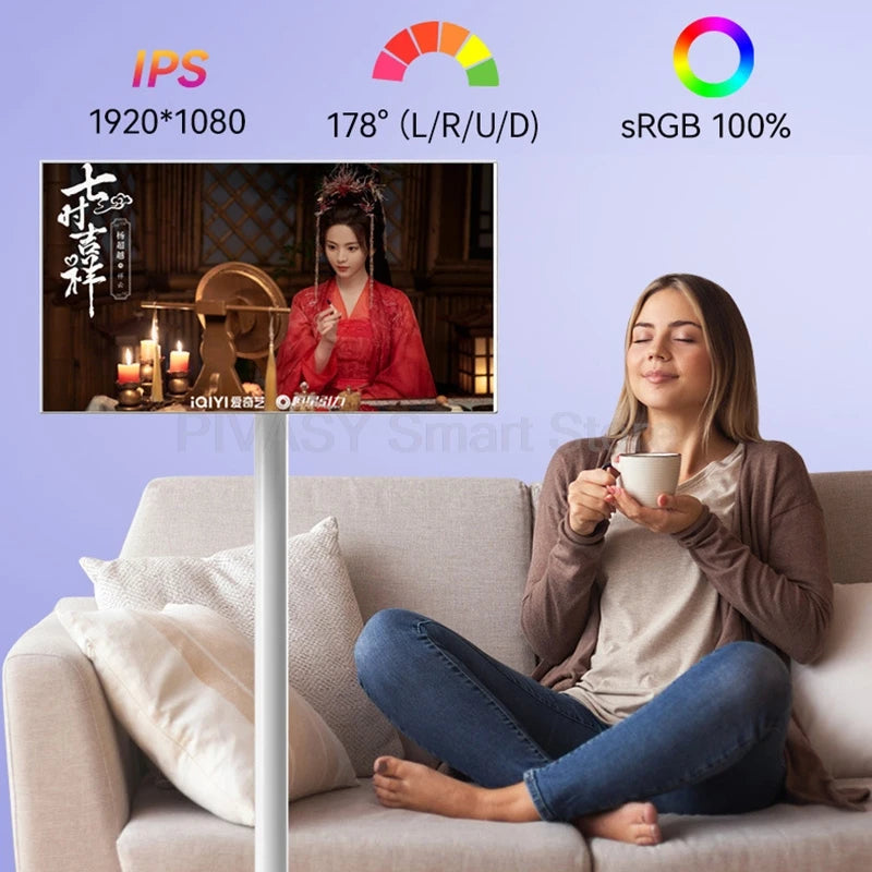 21.5 Inch Tablet Smart TV on Wheeled Stand Android 11 6000mAh Battery Inbuilt 8-core Rotatable Screen Movable for Outdoor Live