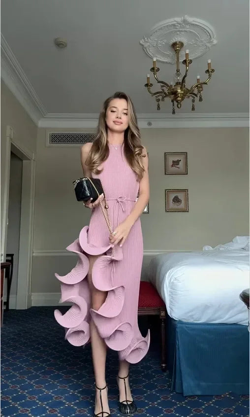 Women Romantic Yellow Halter Maxi Dress Ribbed Knit Ruffled High-slit Slim-fit Vestido 2026 Lady New Spring Trendy Fashion Robes