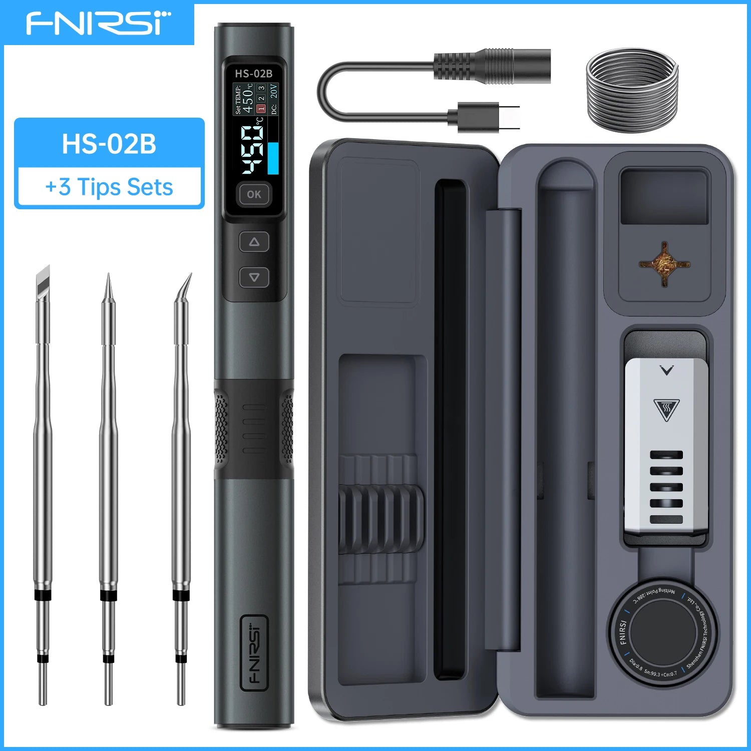 FNIRSI HS-02 Adjustable Temperature Soldering Iron DC 20V 100-450℃ Welding Solder Rework Station PD 100W Portable Repair Tool