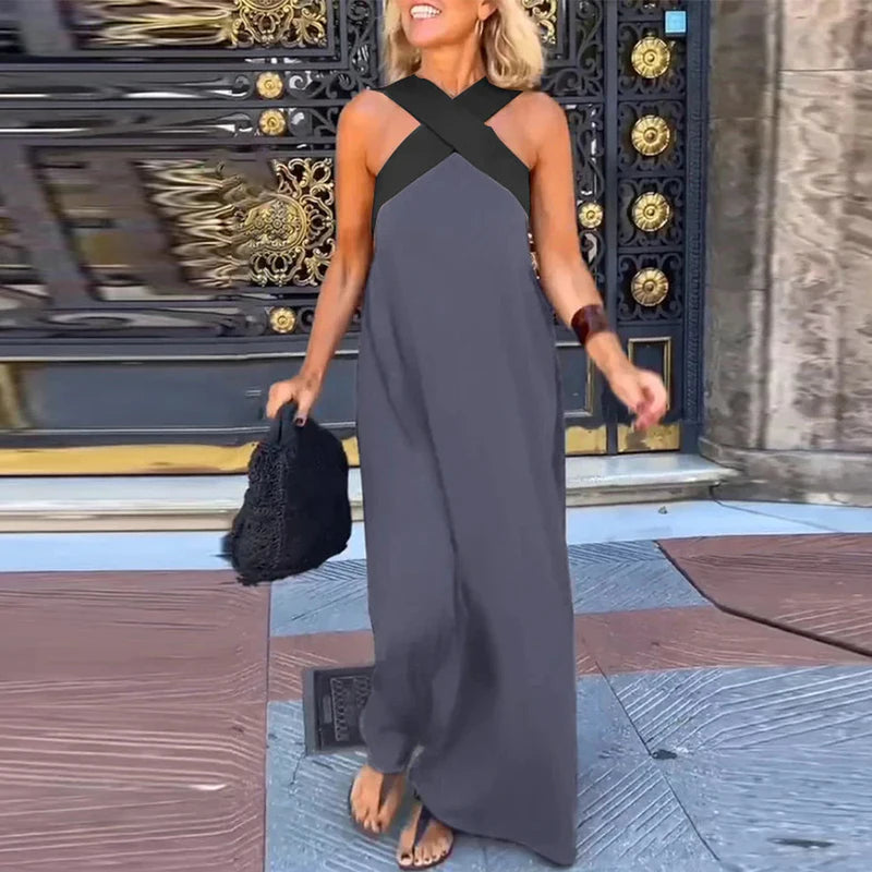 Vestido Sexy Cross Halter Sling Long Dress Women Spring Off Shoulder Hollow Party Dress Summer Sleeveless Backless Holiday Dress