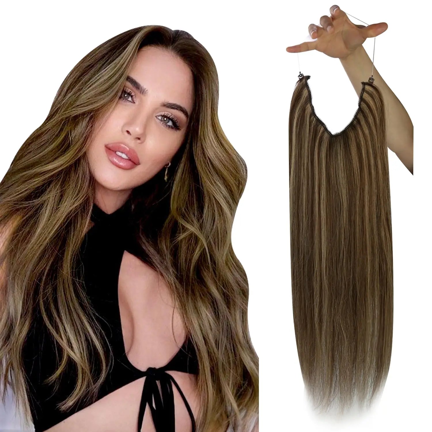 VeSunny Fish Line Human Hair Extension Remy Hair One Piece Invisible Wire Hair Weft Brazilian Hair Balayage Hair Extensions