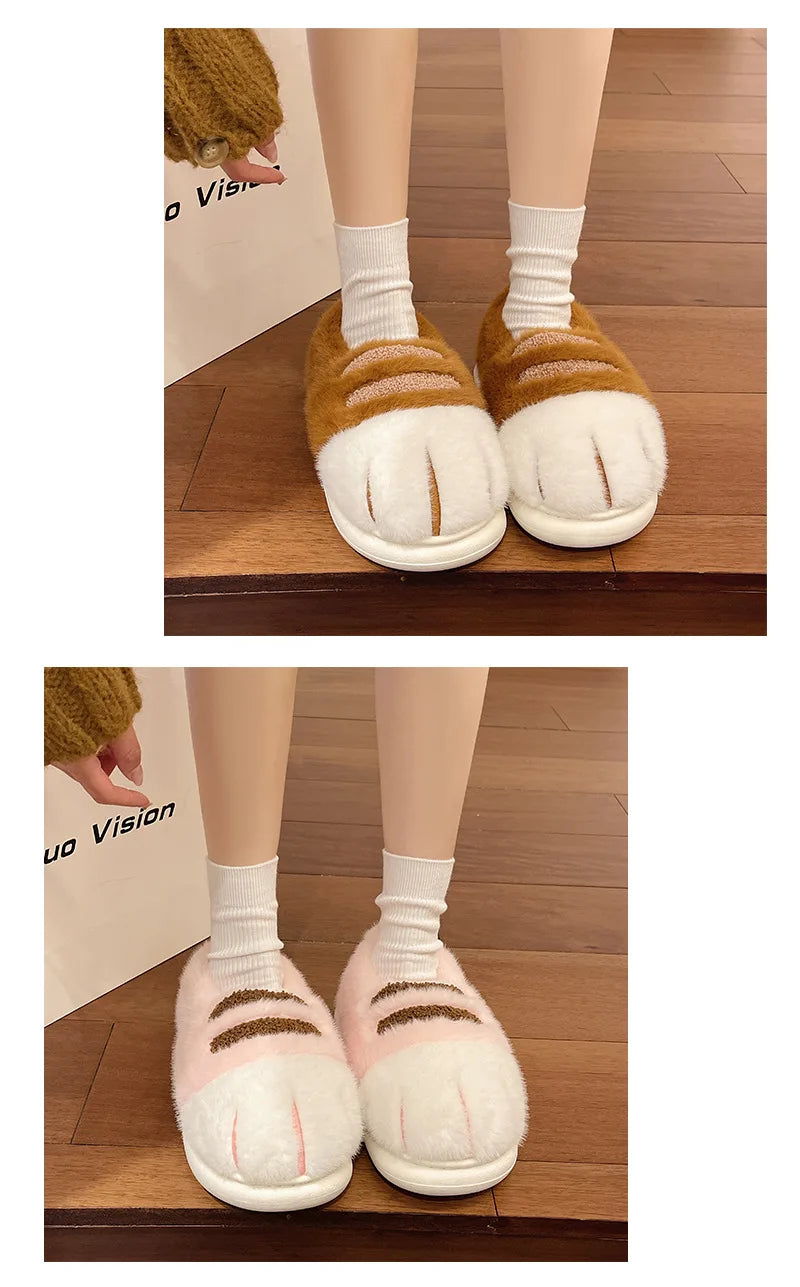New Adorable Kitty Claw Slippers Women's Home Shoes Non Slip Furry Mules Female Fashion Warm Fluffy Slides Outdoor Cat Slippers