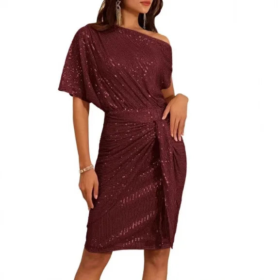 Edge-embroidered Glittering Party Club One-shoulder Pleated Toast Dress Fashionable Evening Gown