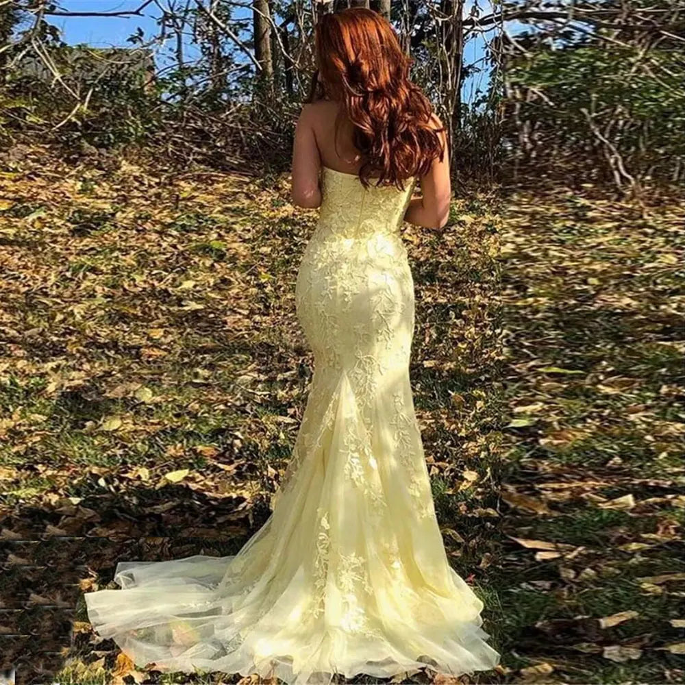 Customized Lace Appliques Strapless Prom Dresses Sexy Mermaid Side Slit Formal Evening Party Gowns Vestido De Fiesta