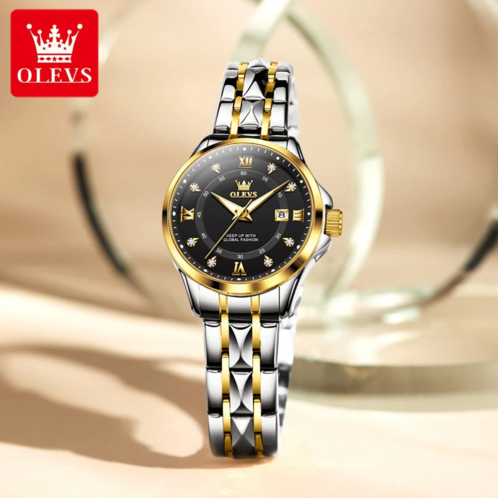 OLEVS Elegant Luxury Watches for Women Original Stainless Steel Calendar Luminous Waterproof Quartz Fashion Trend Ladies Watch