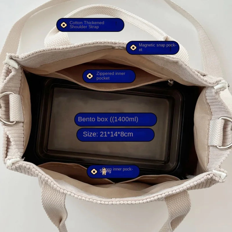 Hand Washable Corduroy Tote Bag with Multiple Pockets, Everyday Crossbody or Shoulder Bag, Solid Color Satchel for Daily Use