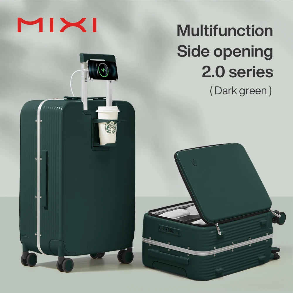 Mixi M9286 Aluminum-Frame PC Carry-On | USB Port, Cup & Phone Holder, TSA Lock, 360° Spinner Wheels (20″/24″)
