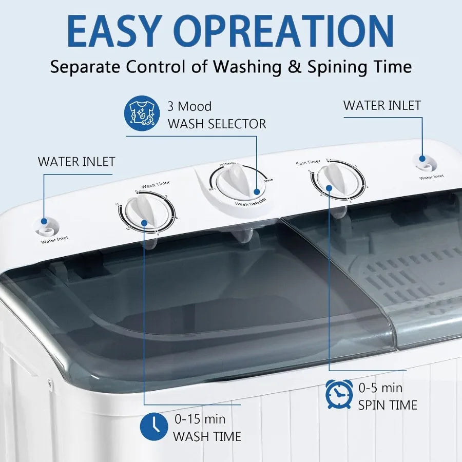Portable Mini Twin Tub 32lbs Washing Machine With Drying Rack 10 Hangers 20lbs Washer 12lbs Spinner Small Laundry Washer with T