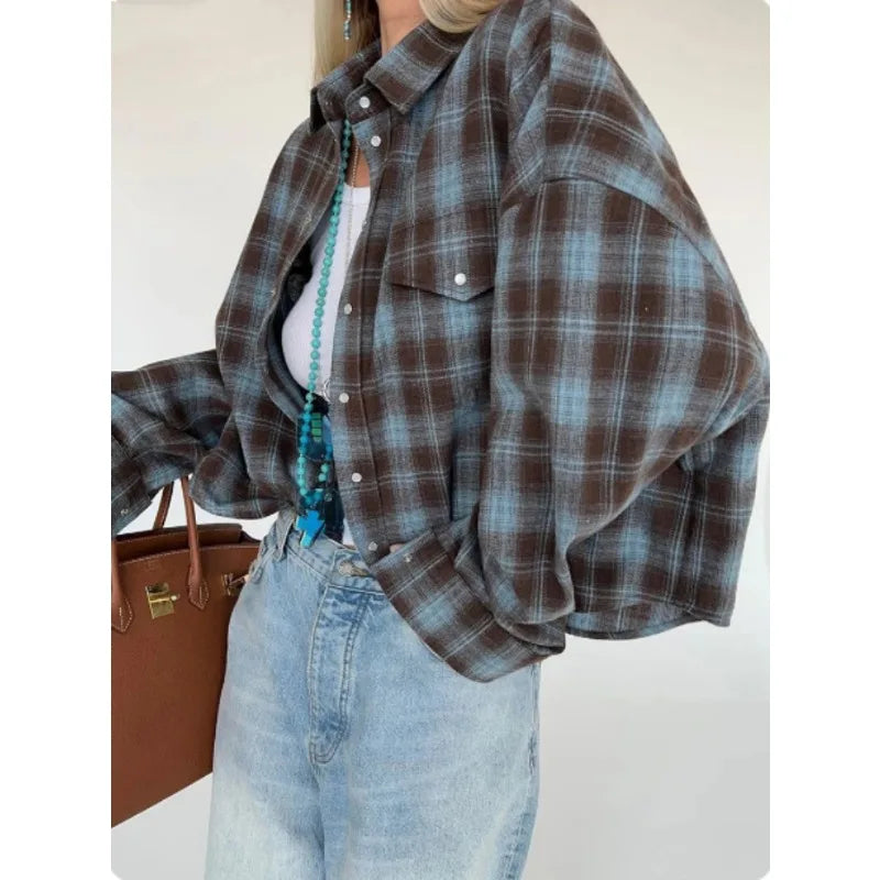 Fashion Baggy Plaid Women'S Blouse Elegant Lapel Long Sleeve Shirts And Blouses Vintage Pocket Lace-Up Top Female 2025