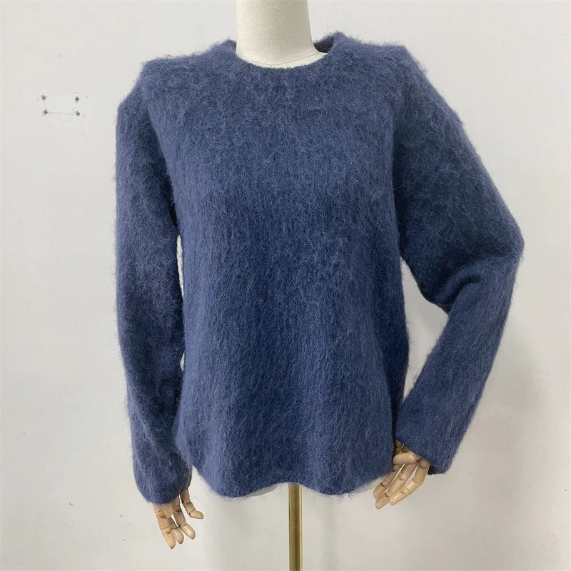Women’s Oversized Fuzzy Knit Pullover – Solid Color Crewneck Sweater (Cozy “Lazy” Style)