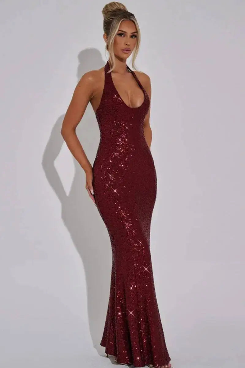 Giyu Sexy Glitter Sparkle Sequined Club Evening Party Dresses Women 2025 Summer Autumn Halter Backless Bodycon Maxi Long Dress