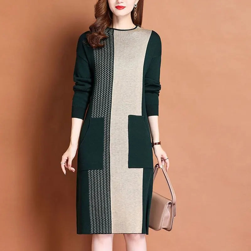Vintage Spliced Printed Knitted Dresses Autumn Winter Casual O-Neck Women's Clothing Fashion Pockets All-match A-Line Midi Dress
