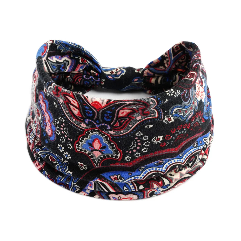 Boho Wide Knot Floral Cotton Headband | Stretch Turban Hair Scarf for Women