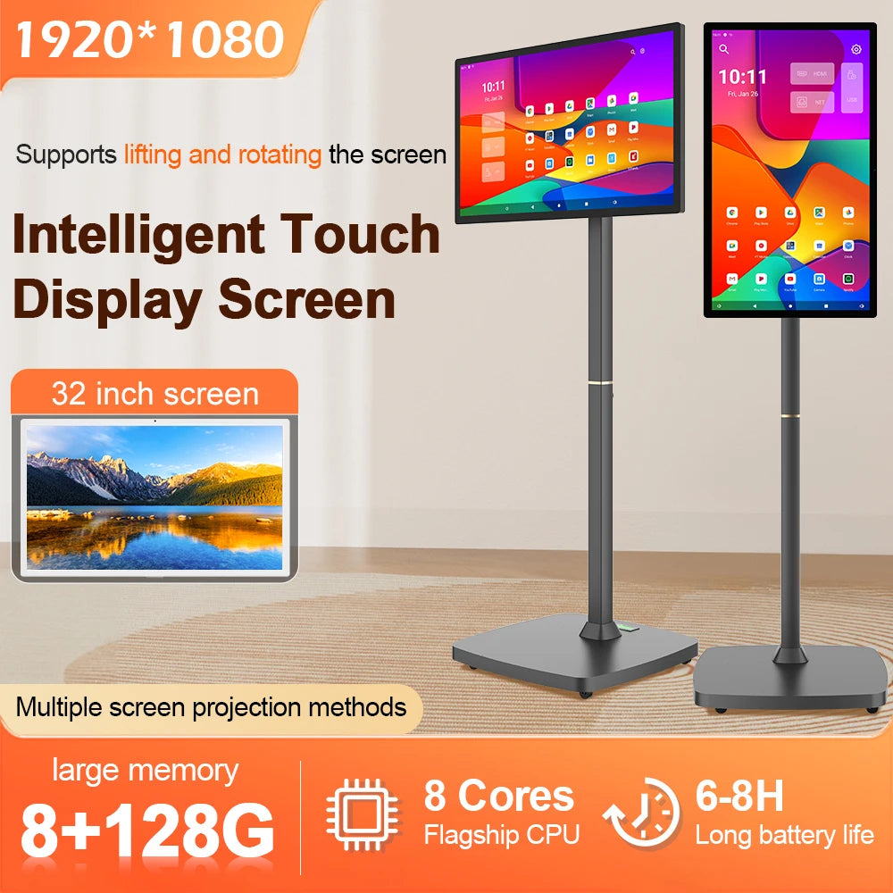 32 Inch Movable With Stand Smart Home Business TV Wireless Smart TV With Rotating Wheels Touch Screen Portable TV﻿