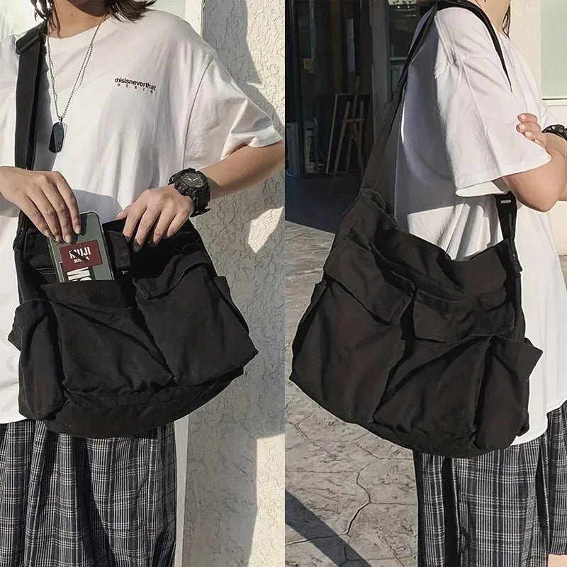 Women's Campus Messenger Bag Large Capacity Solid Color Canvas Shoulder Backpack Casual Handbag