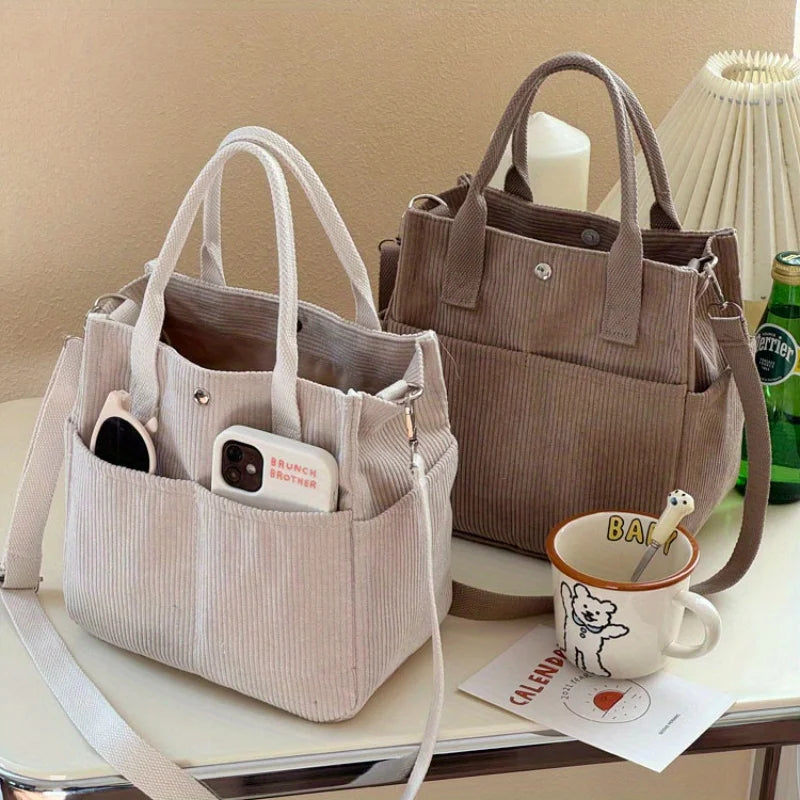 Hand Washable Corduroy Tote Bag with Multiple Pockets, Everyday Crossbody or Shoulder Bag, Solid Color Satchel for Daily Use