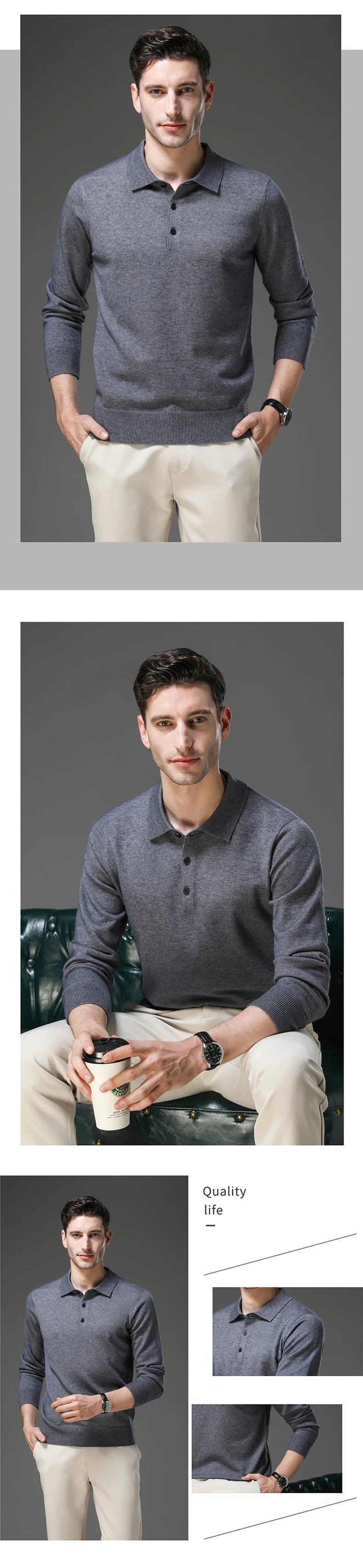 Top Grade Anti-Pilling New Fashion Men Knit Pullover Turndown Collar Autum Winter Slim Fit Warm Sweater Business Casual Jumper