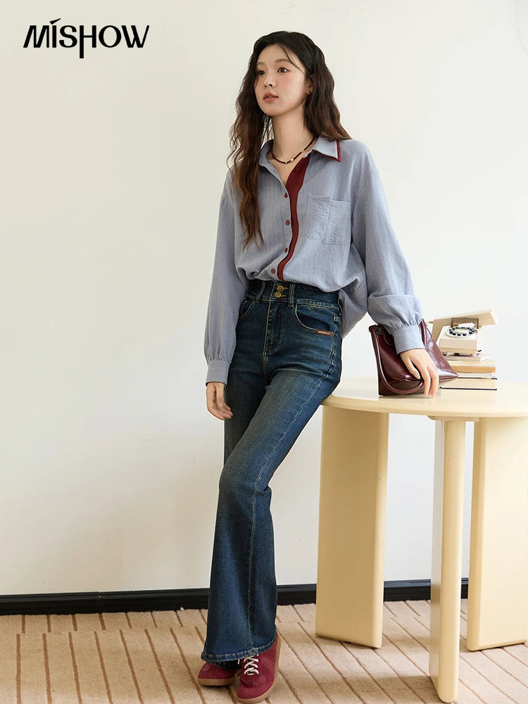 MISHOW Striped Shirt for Women Autumn 2025 Blue Red Splicing Contrasting Color Shirts Laple Loose Retro Commute Top MXE46C2405
