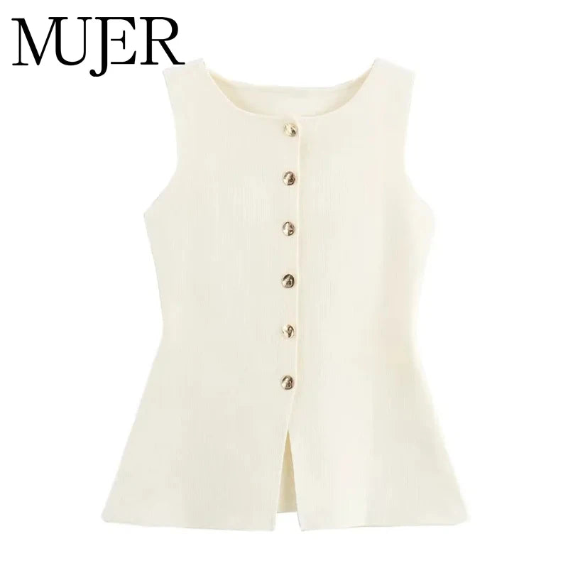 MUJER 2025 Woman Knit Vest Top Female Button Sleeveless Vests for Women Summer Knitted Women's Tailored Vest Elegant Woman Coat