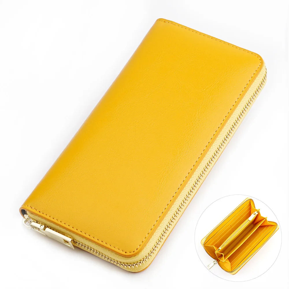 New Oil Waxed Cowhide Women's Zipper Wallet Long Genuine Leather Large Capacity Handbag Japan Style