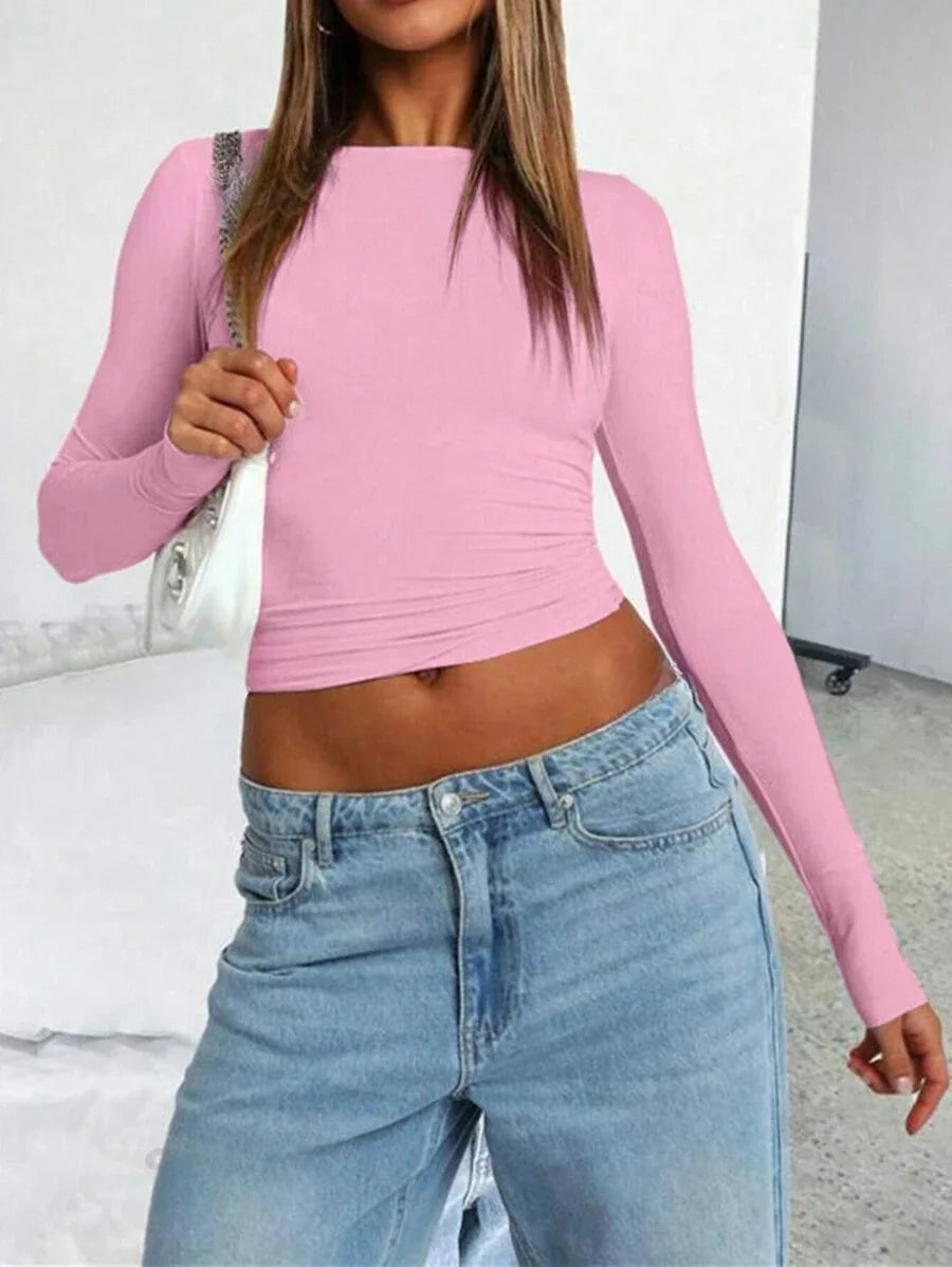 Women’s Slim Fit Long Sleeve Crop Top – Basic Layering Tee for Spring & Fall Fashion (Y2K Style)