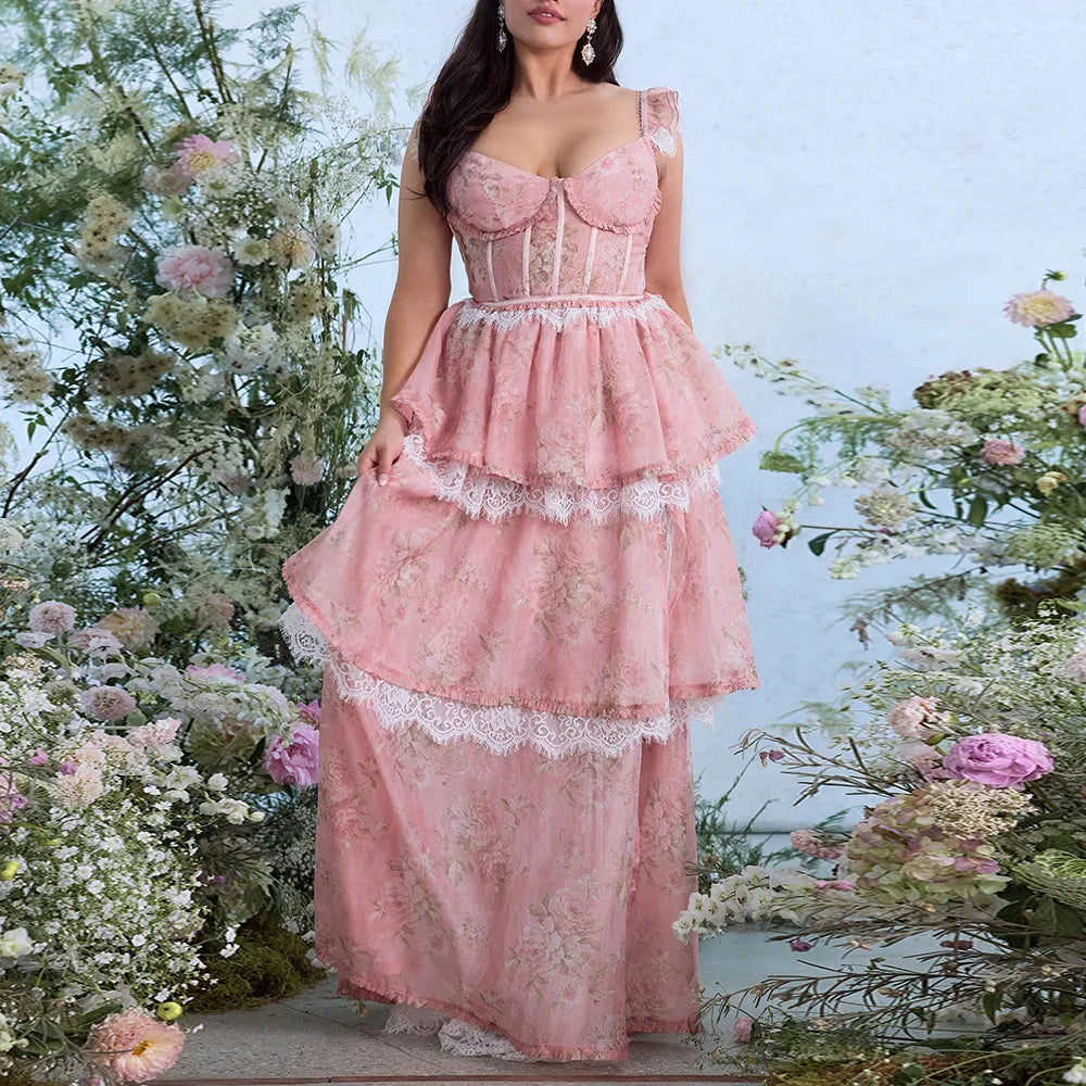 TWOTWINSTYLE Colorblock Slimming Spliced Lace Dresses for Women Square Neck Sleeveless Patchwork Printing Dress Female Clothes