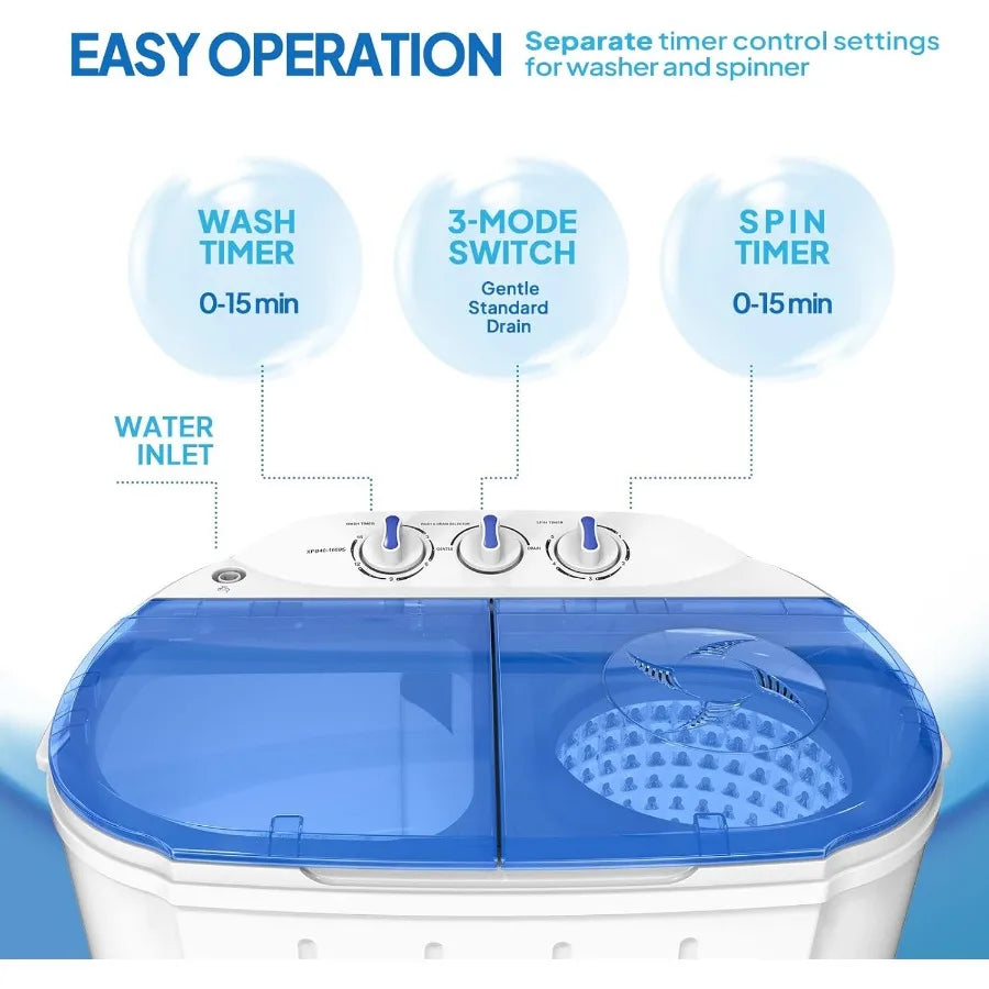 11LBS Portable Washing Machine Electric Mini Twin Tub Washer with Spin Dryer Washer 7LBS and Spinner(4LBS) Ideal for Home Dorms