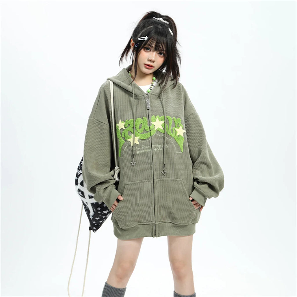 Fashion Embroidery Zip Up Hoodies Women Autumn Long Sleeve Tops Loose Hood Shirt Harajuku Y2K Clothes Female Sweatshirt Jacket