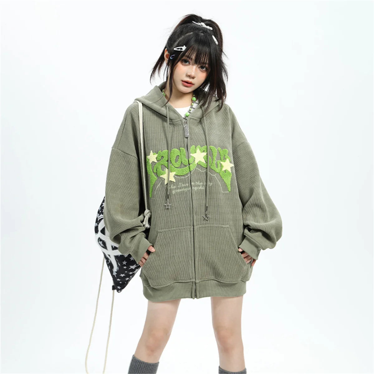 Fashion Embroidery Zip Up Hoodies Women Autumn Long Sleeve Tops Loose Hood Shirt Harajuku Y2K Clothes Female Sweatshirt Jacket