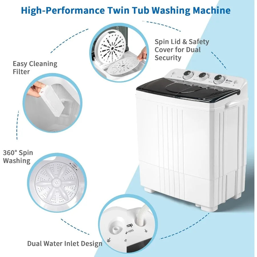 20LBS Portable Washing Machine Compact Mini Washer Machine Dryer Combo Built-in Gravity Drain Small Twin Tub Washer with Spin C