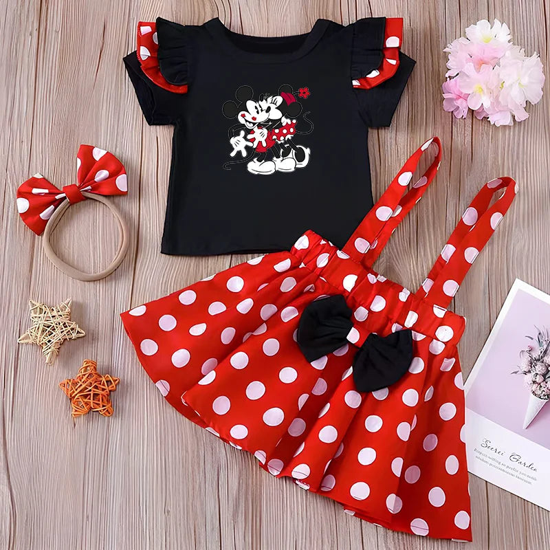 Minnie Mouse Girl Set Children Dress Baby Clothing Set Summer Birthday Costume Polka Dot Suspender Skirt Bow Headband skirt suit