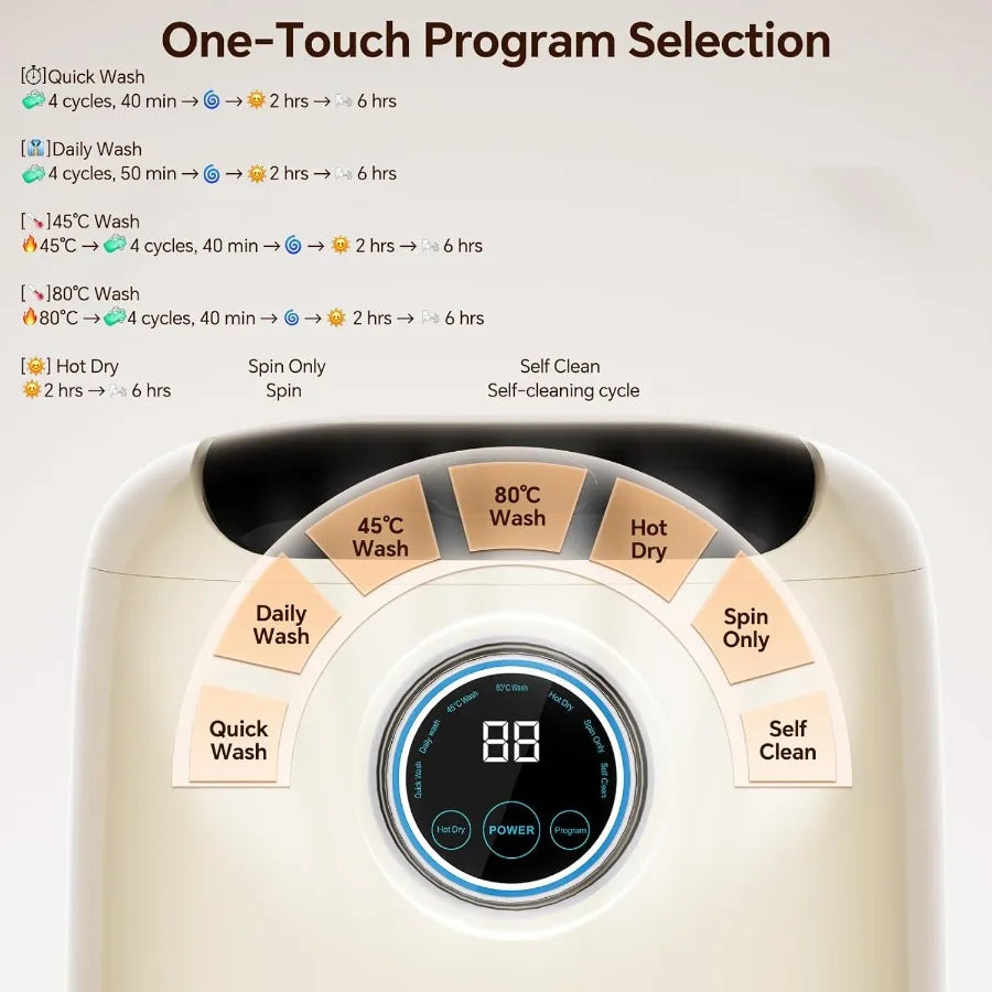 Fully Automatic Mini Washing Machine with Heated Wash Spin Dry Thermal Drying 7L 1kg Capacity Portable for Underwear Socks Baby