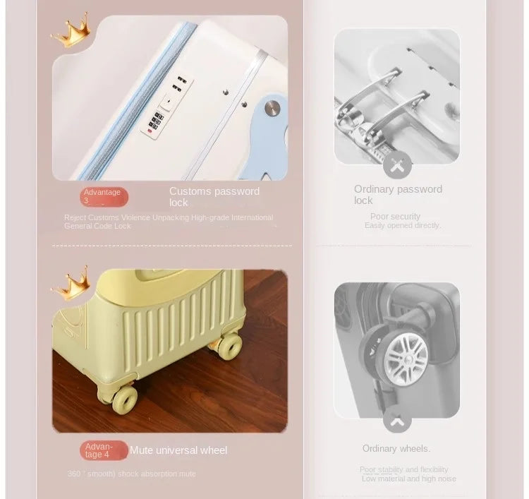 2025 New suitcase for children can Sit 20/22 inch Ride on Luggage Front Opening Sturdy Thickened Travel suitcase with Cup Holder