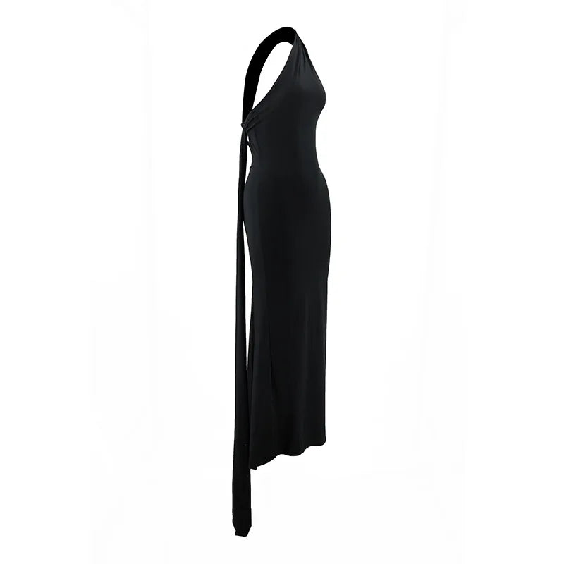 Women's One-Shoulder Sleeveless Maxi Dress Adjustable Scarf Loop Ruched Backless Bodycon Festival Party Outfit Elegant Long Gown