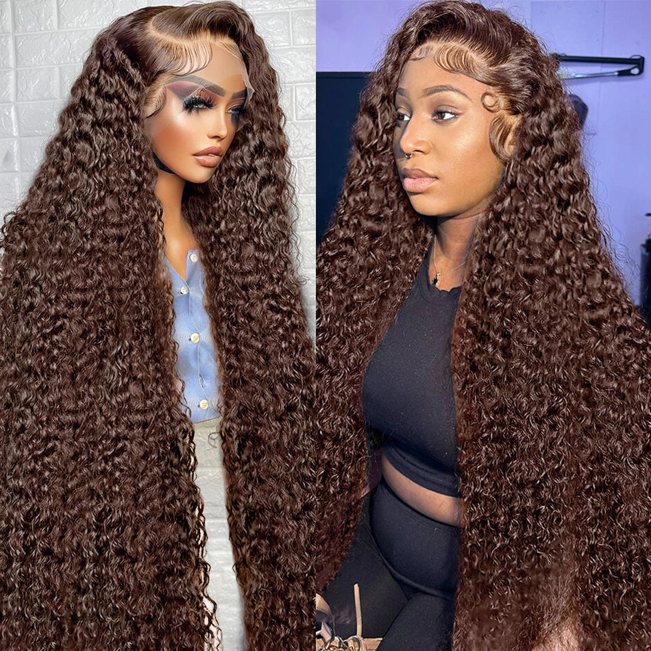 HJ WEAVE BEAUTY Deep Curly HD Lace Frontal Wig | Chocolate Brown Human Hair