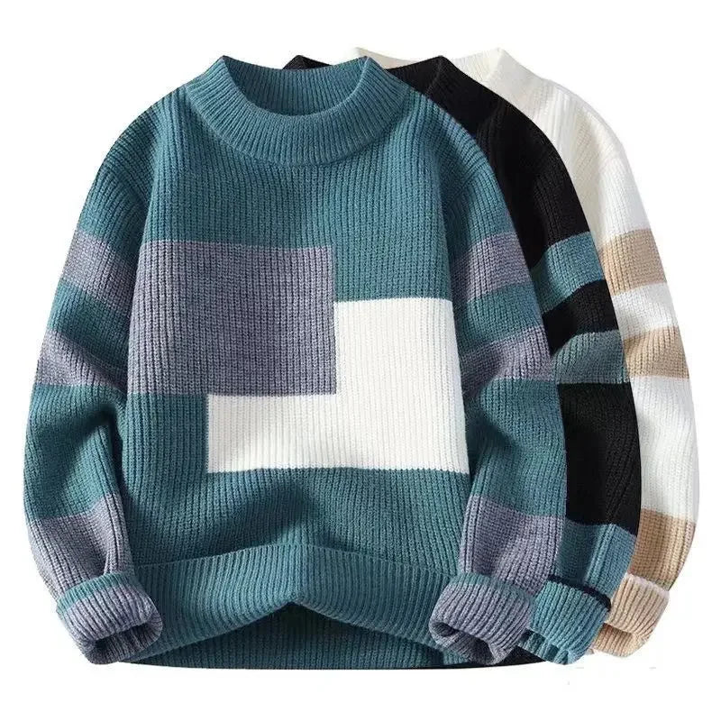 Autumn Winter New Men Sweater Mock Neck Patchwork Contrast Color Trend Youth Fashion Thicken Long Sleeve Pullovers Knitted Tops