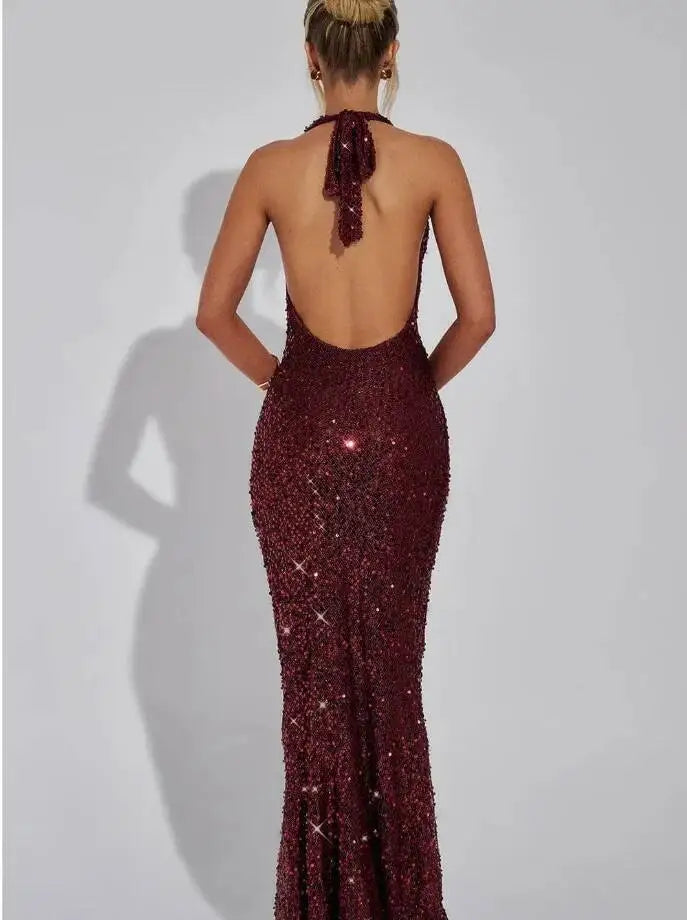 Giyu Sexy Glitter Sparkle Sequined Club Evening Party Dresses Women 2025 Summer Autumn Halter Backless Bodycon Maxi Long Dress
