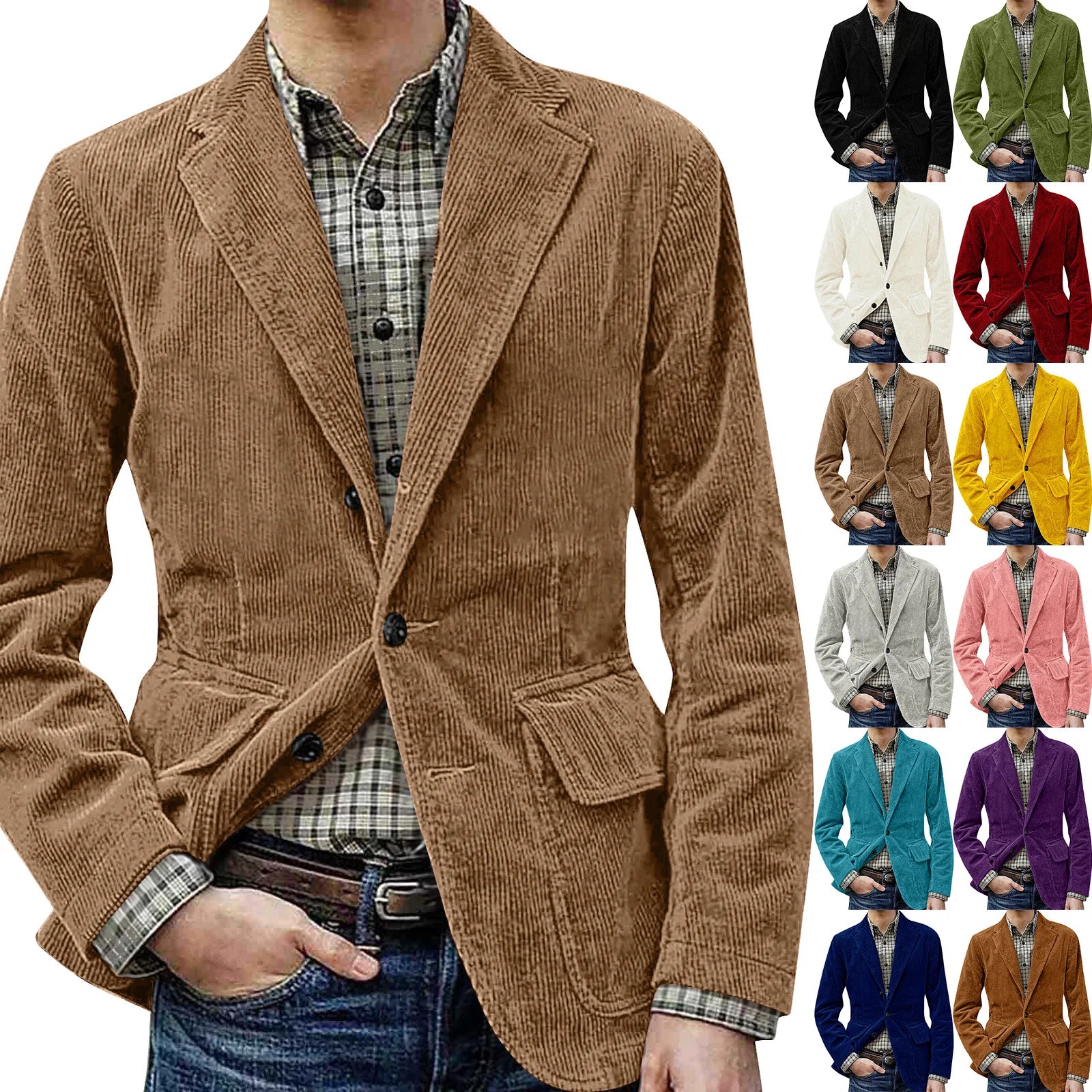Corduroy Warm Pocket Suit Jacket Men'S Solid Color Cardigan Casual Suit Winter Fashion Single-Breasted Warm Top Jacket