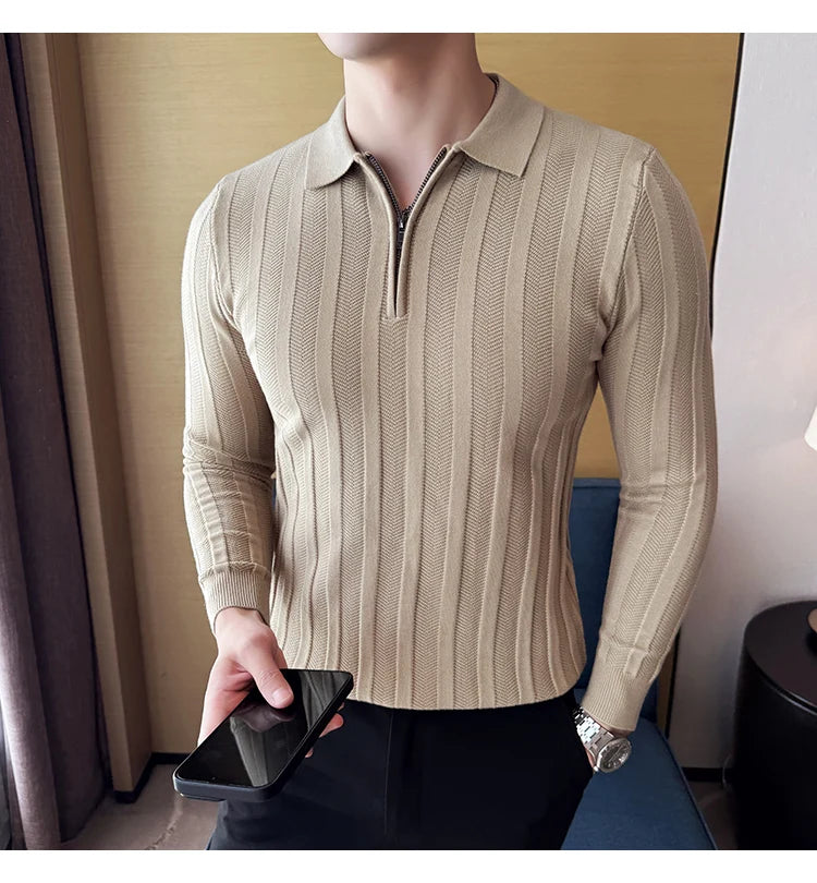 Men's Zip-Front Knit Sweater - White Polo Collar (Black/Burgundy/Cream) M-4XL Soft Touch Autumn Winter Casual Style