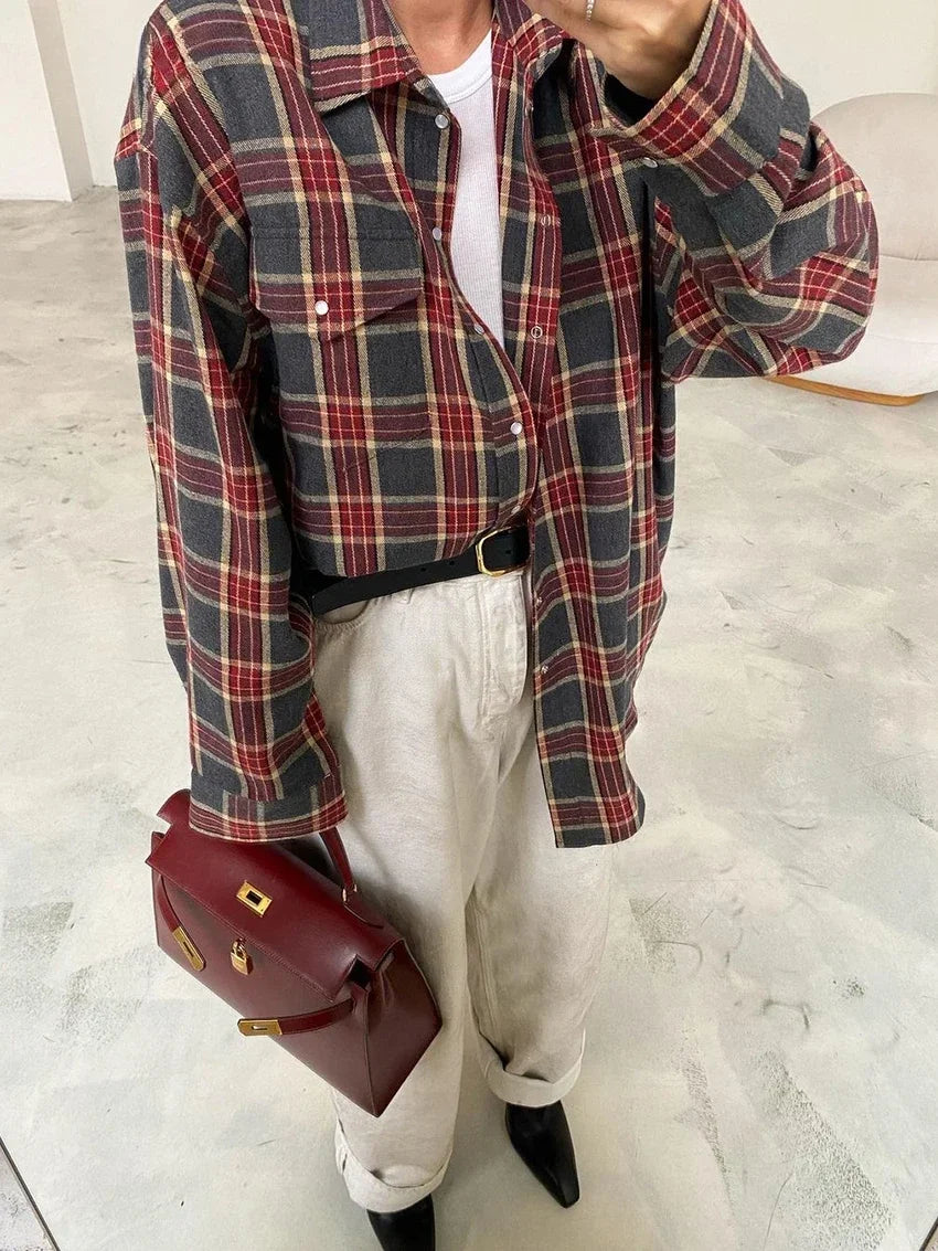 Fashion Baggy Plaid Women'S Blouse Elegant Lapel Long Sleeve Shirts And Blouses Vintage Pocket Lace-Up Top Female 2025