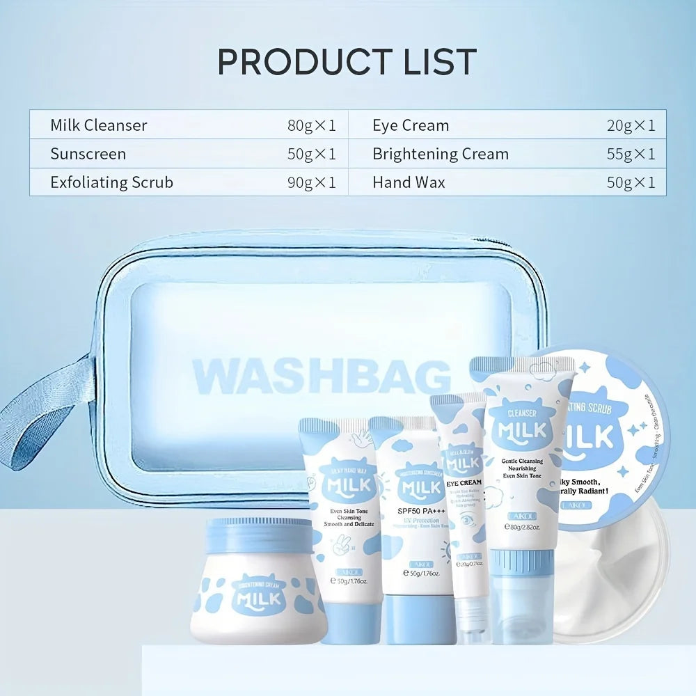 7PCS Milk Skin Care Set Moisturizing Hydration Body Beauty Facial Cleanser Body Scrub Hand Wax Eye Cream Sunscreen Storage Bag