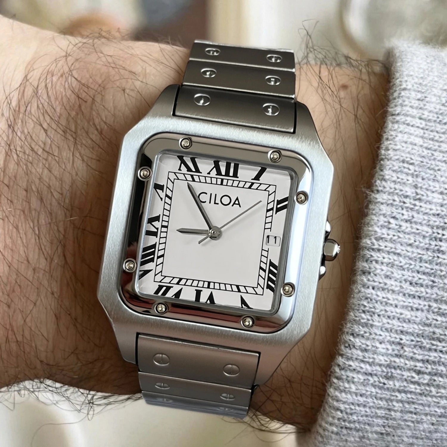 CILOA Silver Square Watch Men's High Quality Light Luxury Gift High End Stainless Steel Strap Waterproof Quartz Watch