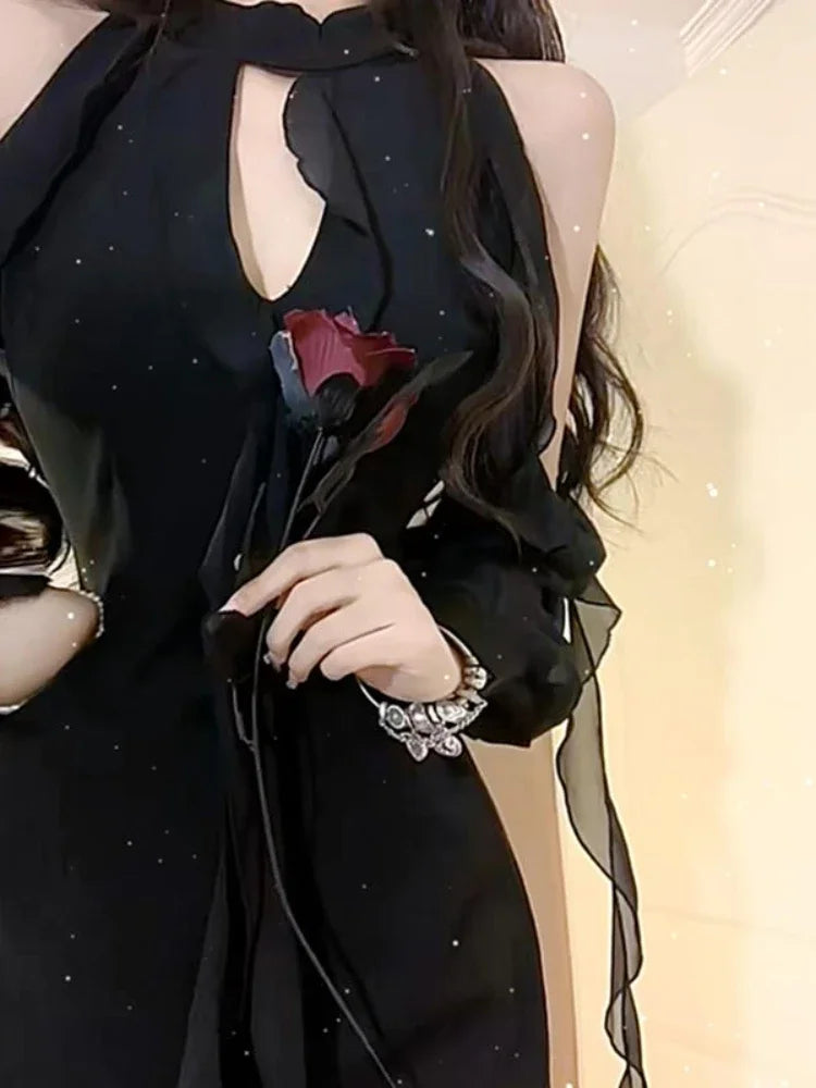 Korean Style Black Off-Shoulder Sexy Hollow-Out Dress for Women Spring Casual Temperament Fashion