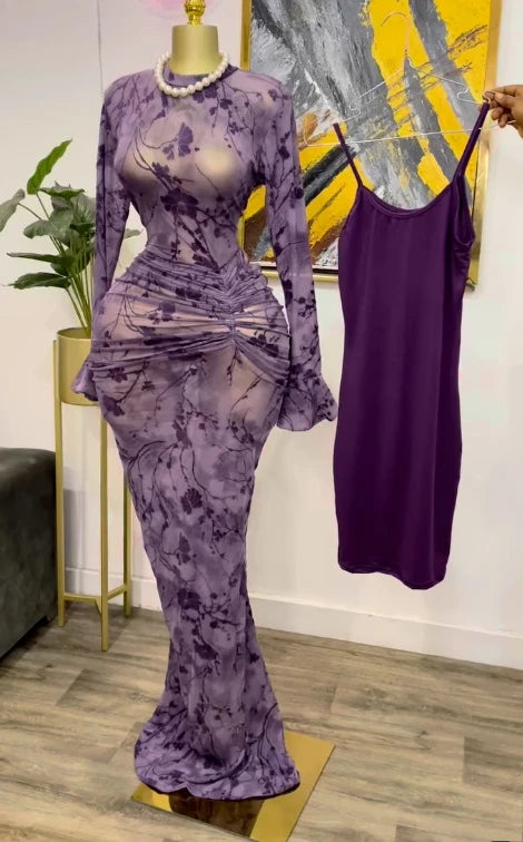 CM.YAYA Women Long Sleeve Stacked Mesh See Though with Lining Bodycon Long Dress 2025 Autumn Evening Birthday Sexy Party Dresses