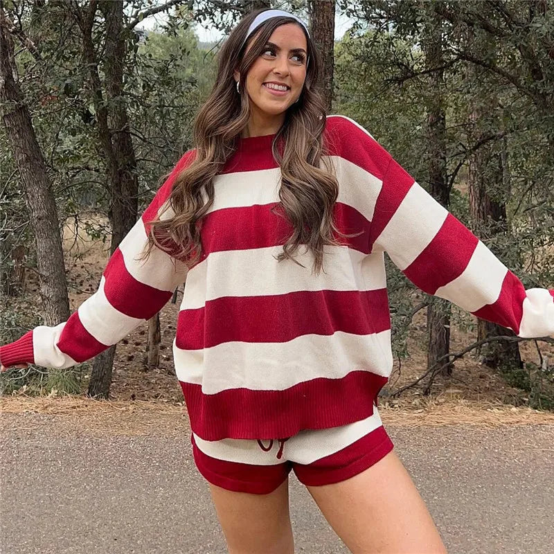 Women’s Y2K Striped Knit Lounge Set – Long Sleeve Top & Drawstring Shorts