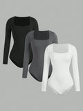 Women's Solid color Square Neck  Open Crotch One-Piece Bodysuit Long Sleeved Body  Lady Streetwear Female Warm Clothing