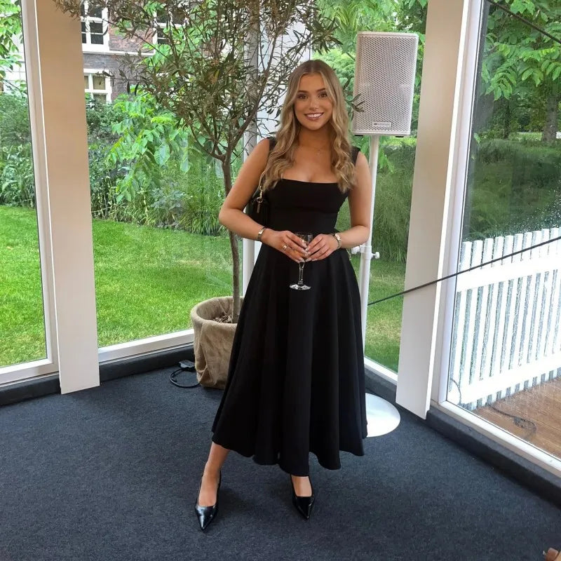 Oshfall European and American cross-border 2024 summer new solid square neck sleeveless suspenders long fashion women's dress